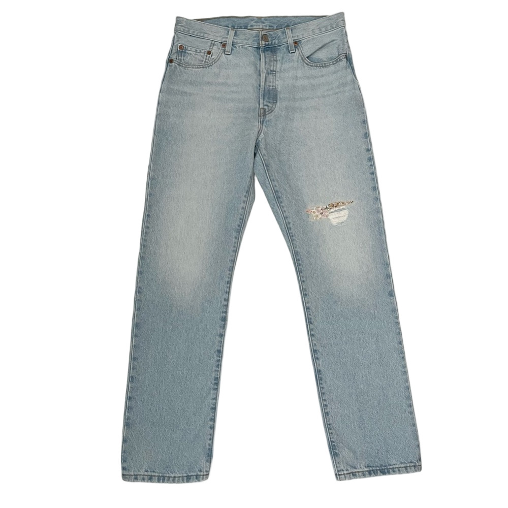 Levi's Light Blue Straight 501 150yr Anniversary Jeans 29 Patchwork Distressing